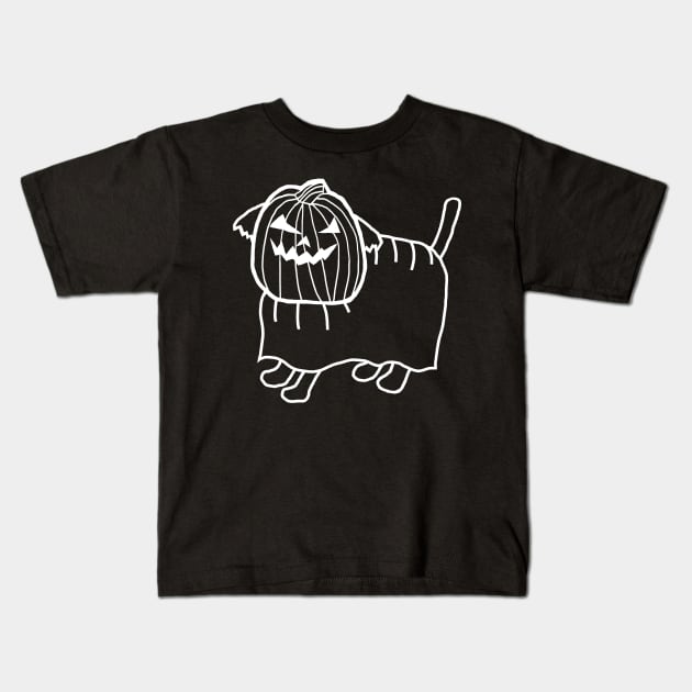 Minimal White Line Cute Dog Wearing Halloween Horror Costume Kids T-Shirt by ellenhenryart